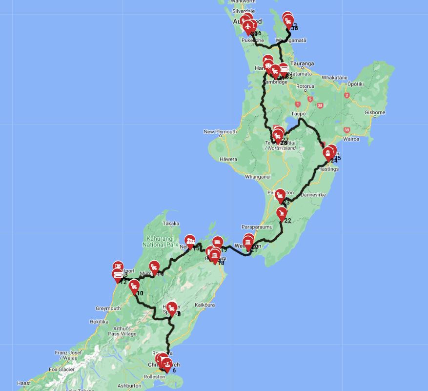 Map for Christchurch to Auckland